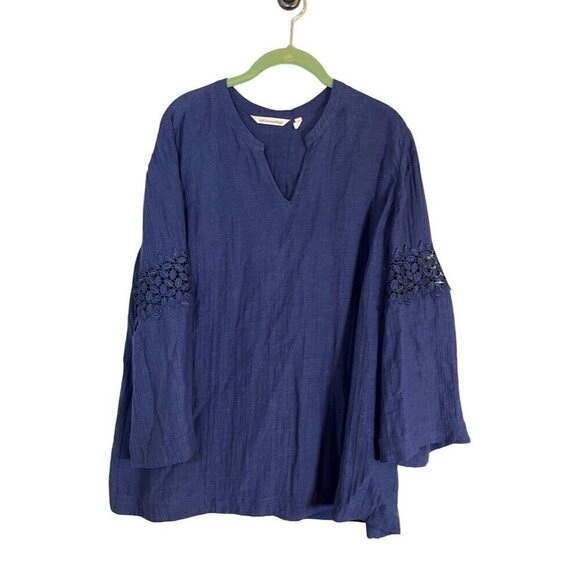 Soft Surroundings Top Women L Blue Boho Floral Old Money Preppy Classic Coastal - Picture 1 of 12